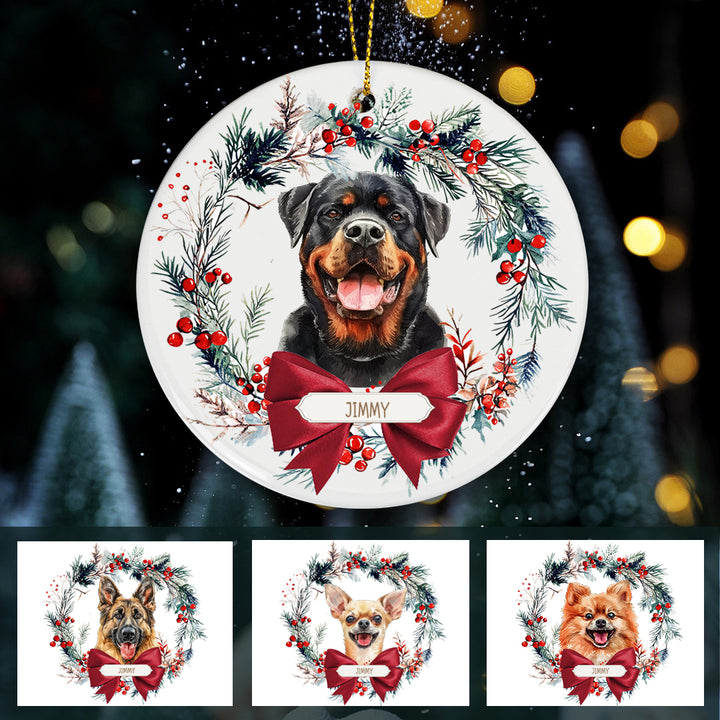 Dog and Christmas Wreath - Personalized Christmas Ornament