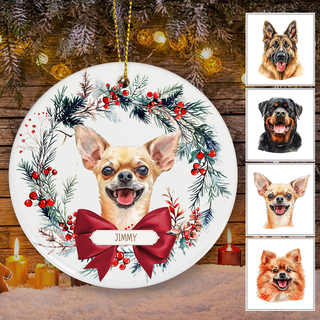 Dog and Christmas Wreath - Personalized Christmas Ornament