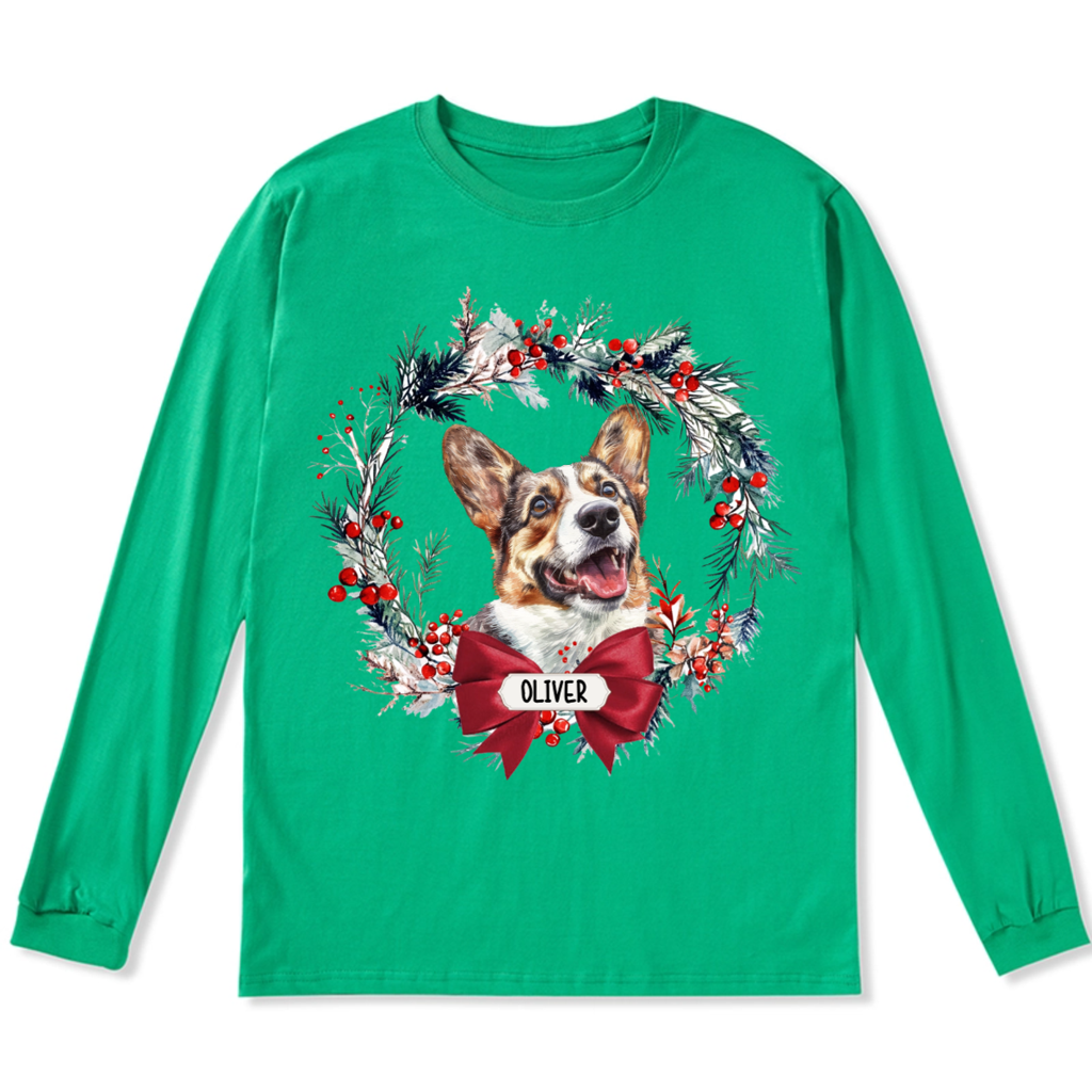 Dog and Christmas Wreath - Personalized Custom Long Sleeve T-shirt