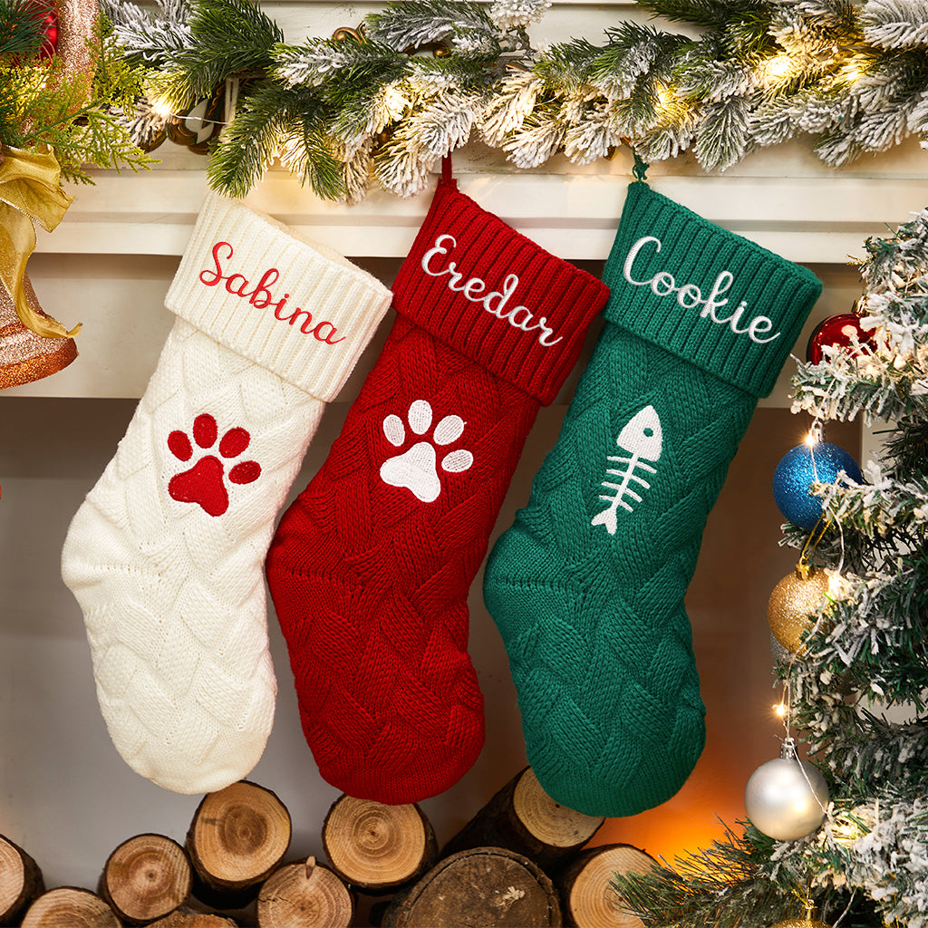 Knitted Dog Name Christmas Stockings 2024 - Personalized Embroidered Christmas Stocking