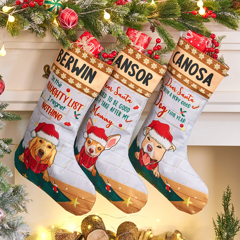 On the Naughty List, I Regret Nothing - Personalized Christmas Stocking Dogs