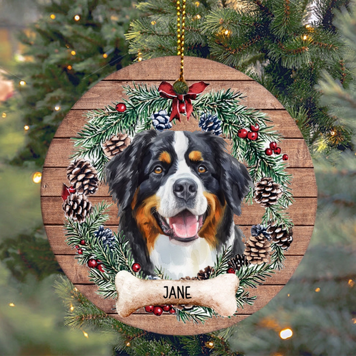 Dog and Christmas Wreath 2 - Personalized Christmas Ornament