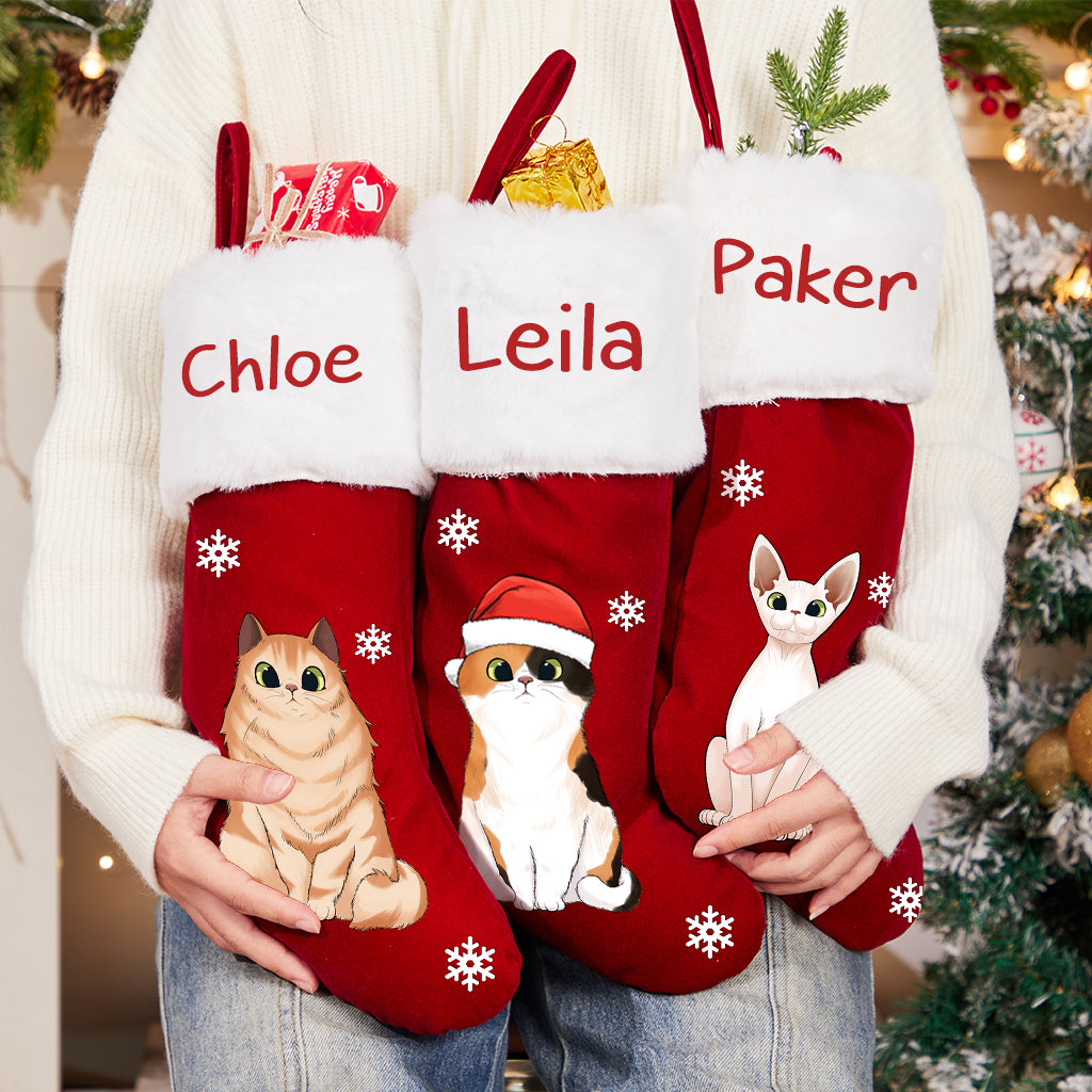 Red Plush Christmas Stocking - Personalized Christmas Stocking Cats