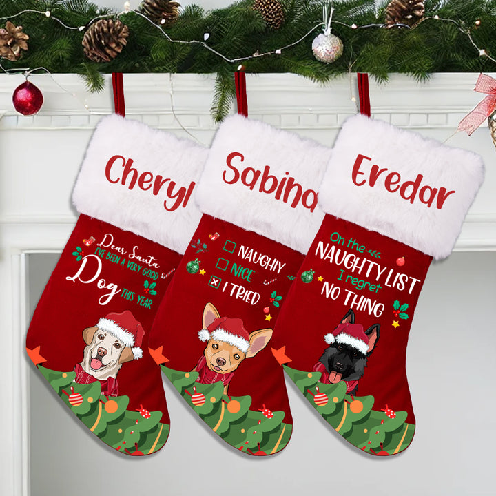 On the Naughty List - I Regret Nothing - Personalized Christmas Stocking Dogs