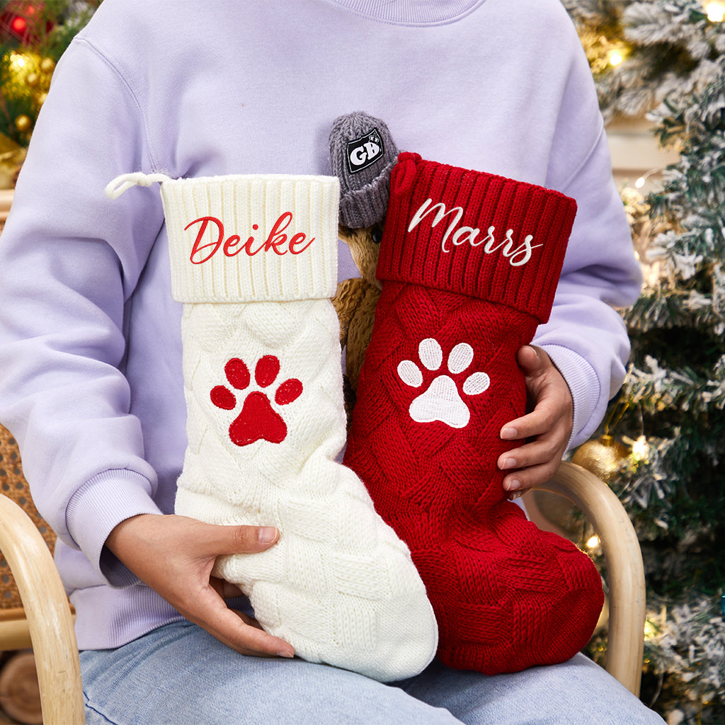 Knitted Dog Name Christmas Stockings 2024 - Personalized Embroidered Christmas Stocking