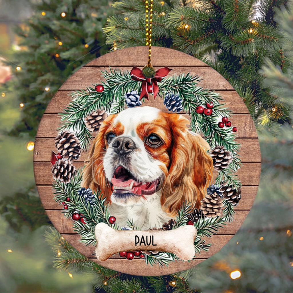 Dog and Christmas Wreath 2 - Personalized Christmas Ornament