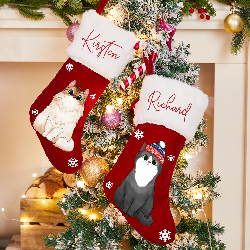 Red Plush Christmas Stocking - Personalized Christmas Stocking Cats