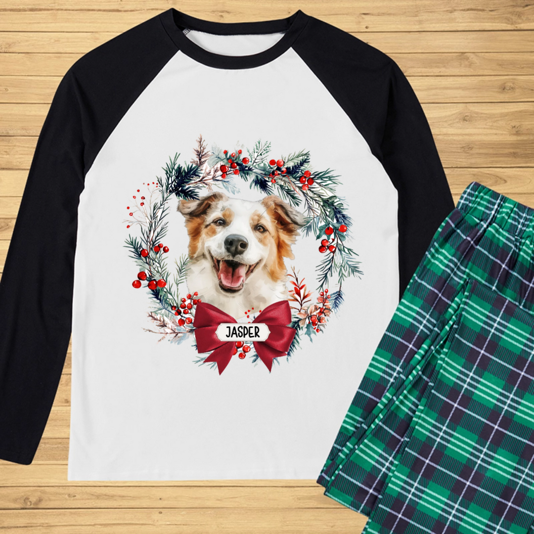 Dog and Christmas Wreath - Personalized Custom Pajama Set