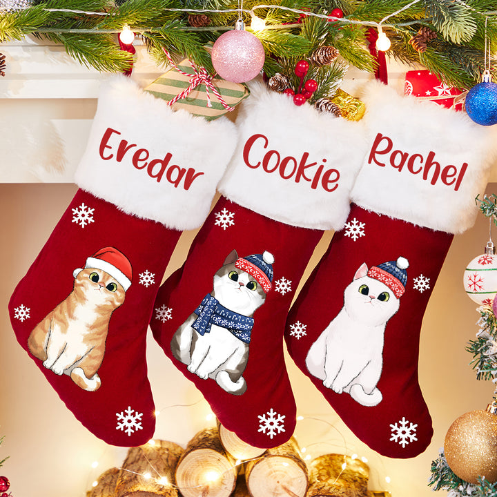 Red Plush Christmas Stocking - Personalized Christmas Stocking Cats