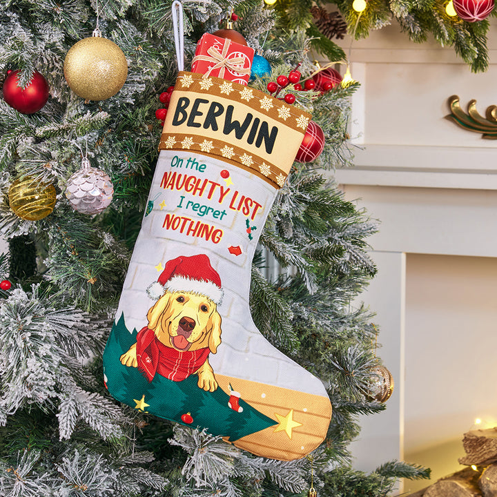 On the Naughty List, I Regret Nothing - Personalized Christmas Stocking Dogs