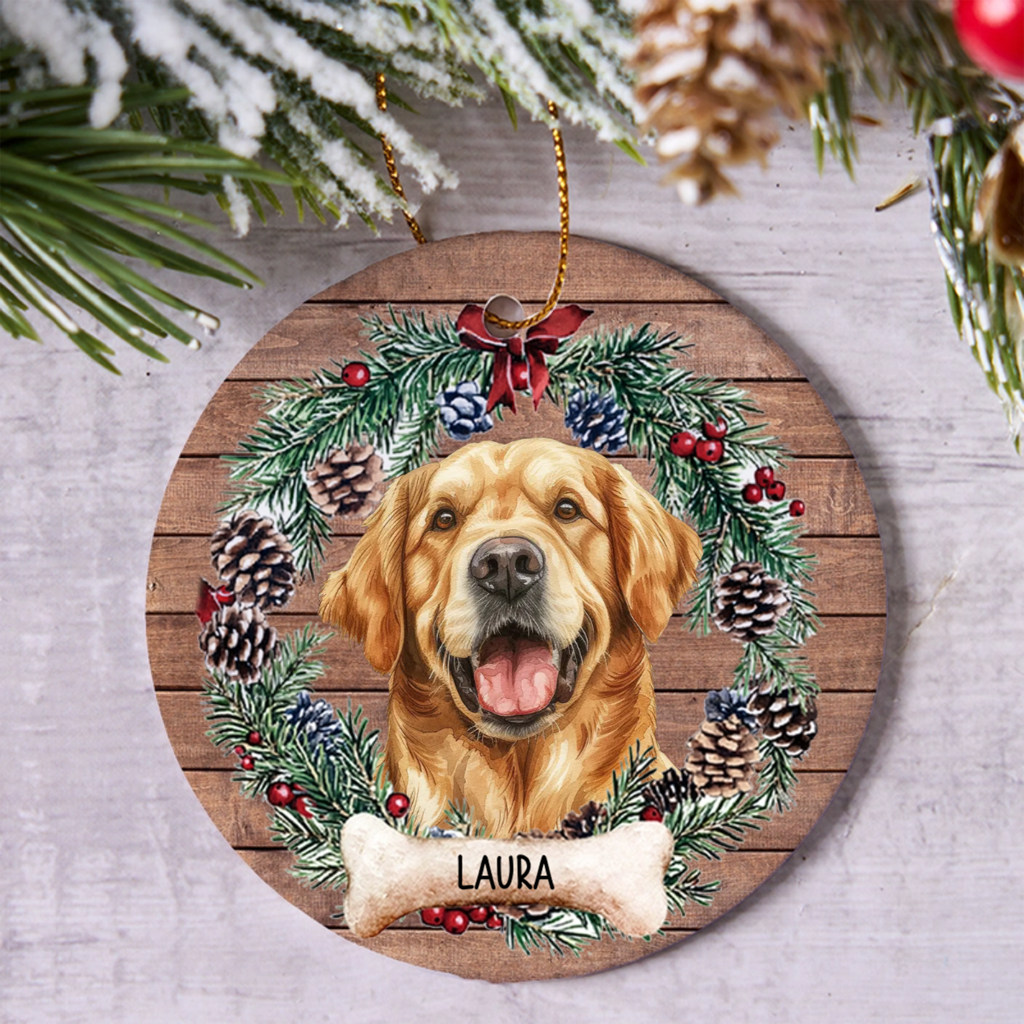 Dog and Christmas Wreath 2 - Personalized Christmas Ornament