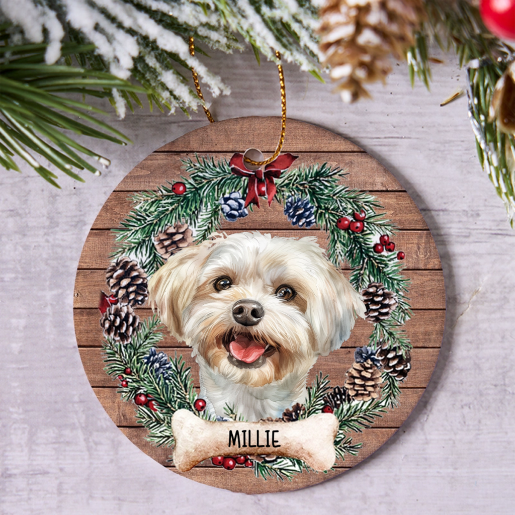 Dog and Christmas Wreath 2 - Personalized Christmas Ornament