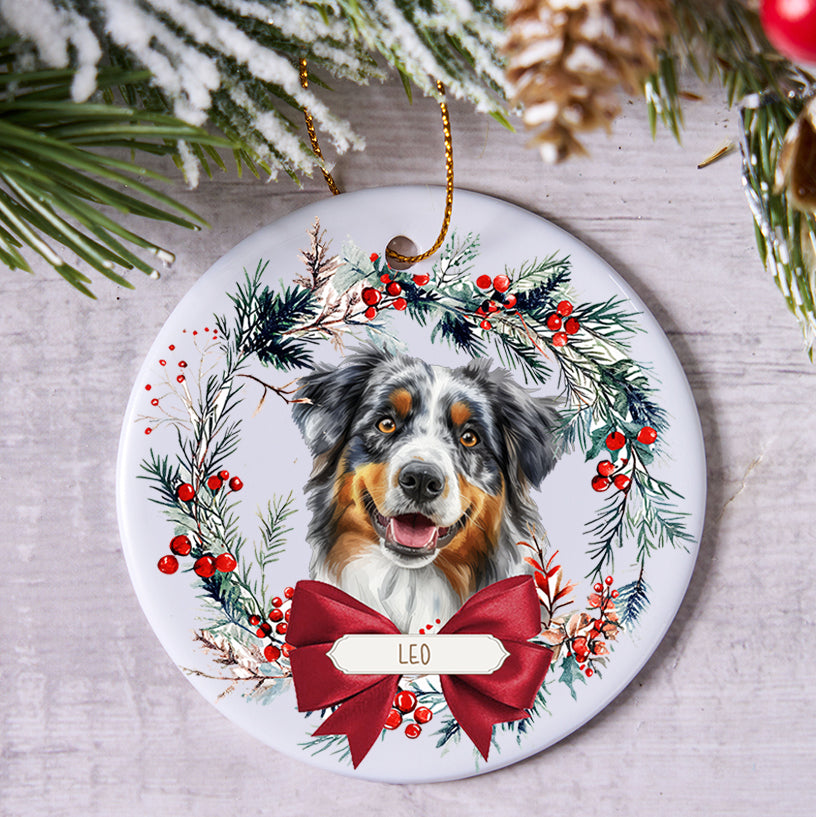 Dog and Christmas Wreath - Personalized Christmas Ornament