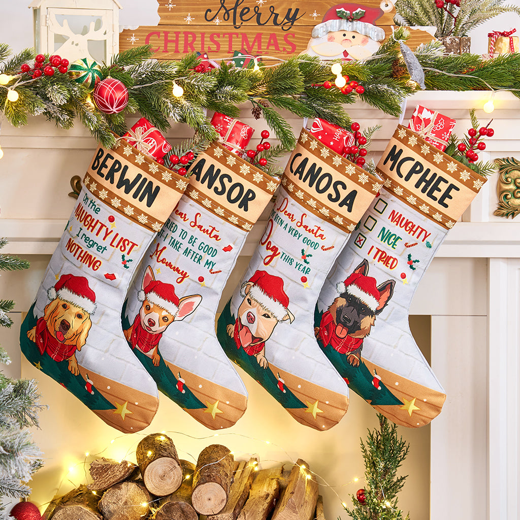 On the Naughty List, I Regret Nothing - Personalized Christmas Stocking Dogs