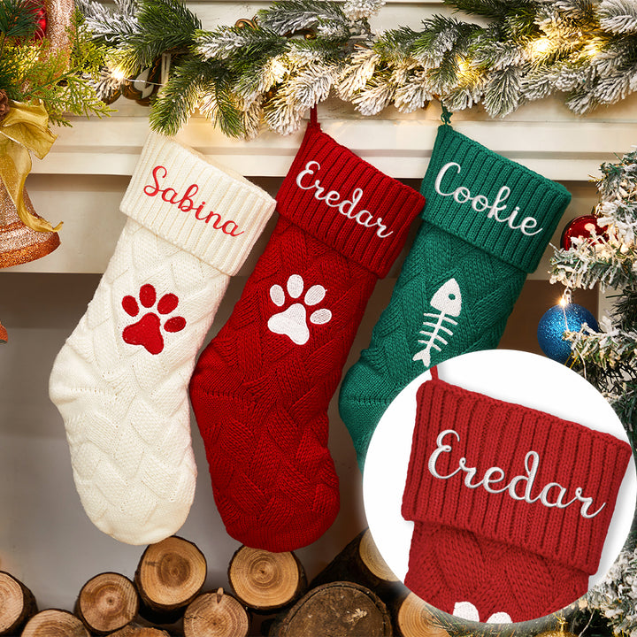 Knitted Dog Name Christmas Stockings 2024 - Personalized Embroidered Christmas Stocking