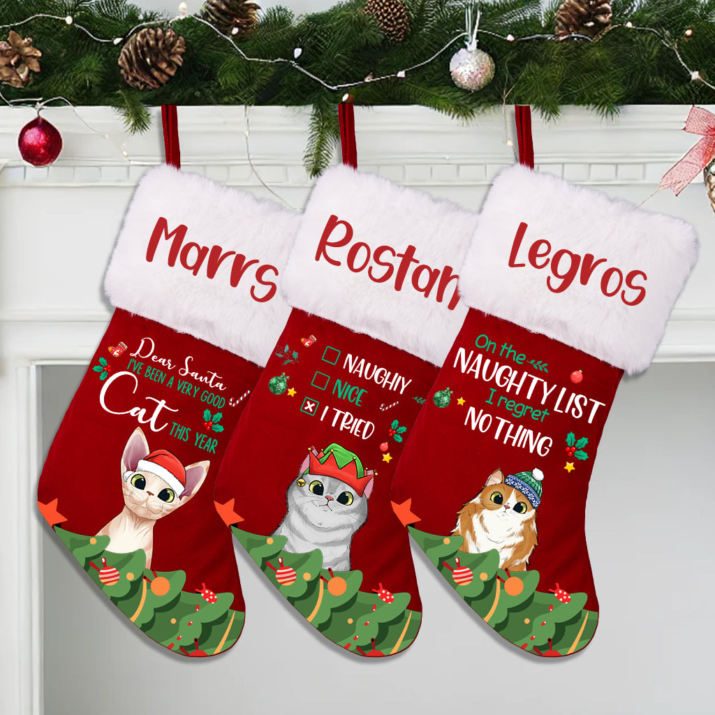 On the Naughty List - I Regret Nothing- Personalized Christmas Stocking Cats