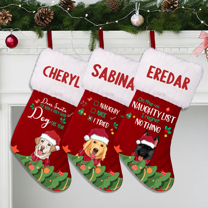 On the Naughty List - I Regret Nothing - Personalized Christmas Stocking Dogs