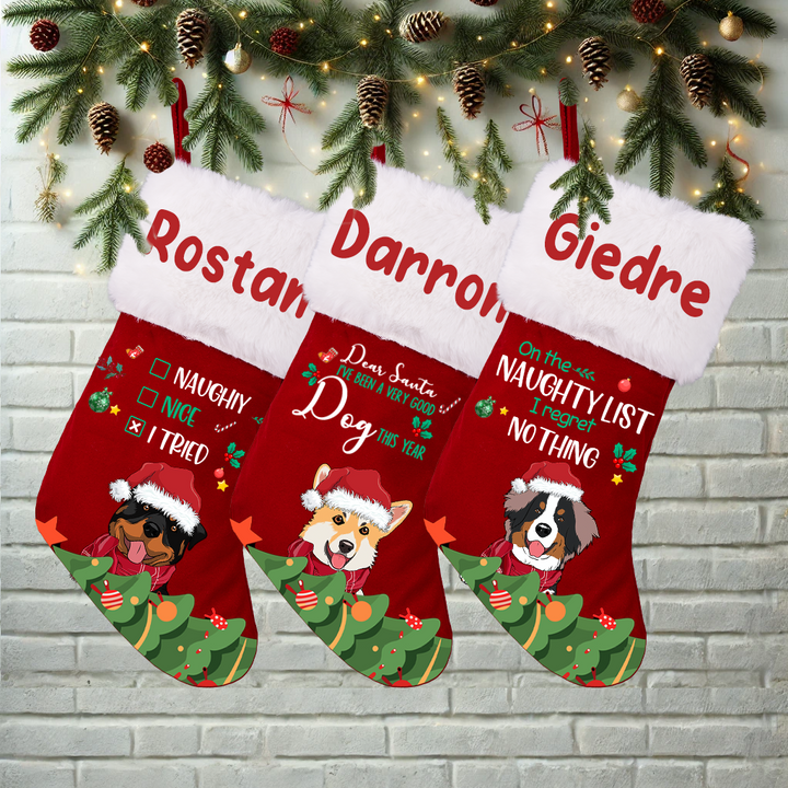 On the Naughty List - I Regret Nothing - Personalized Christmas Stocking Dogs