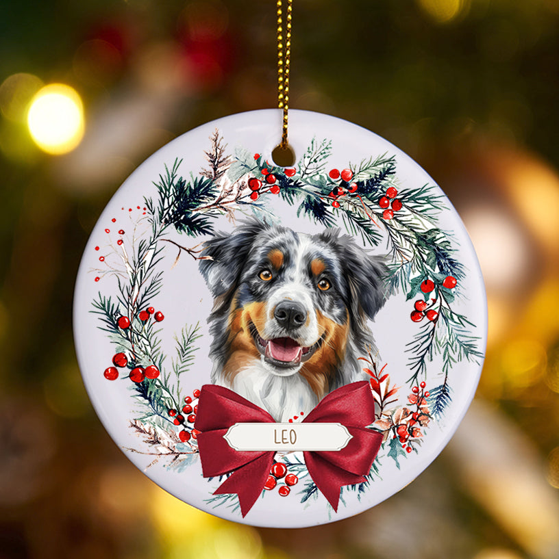 Dog and Christmas Wreath - Personalized Christmas Ornament