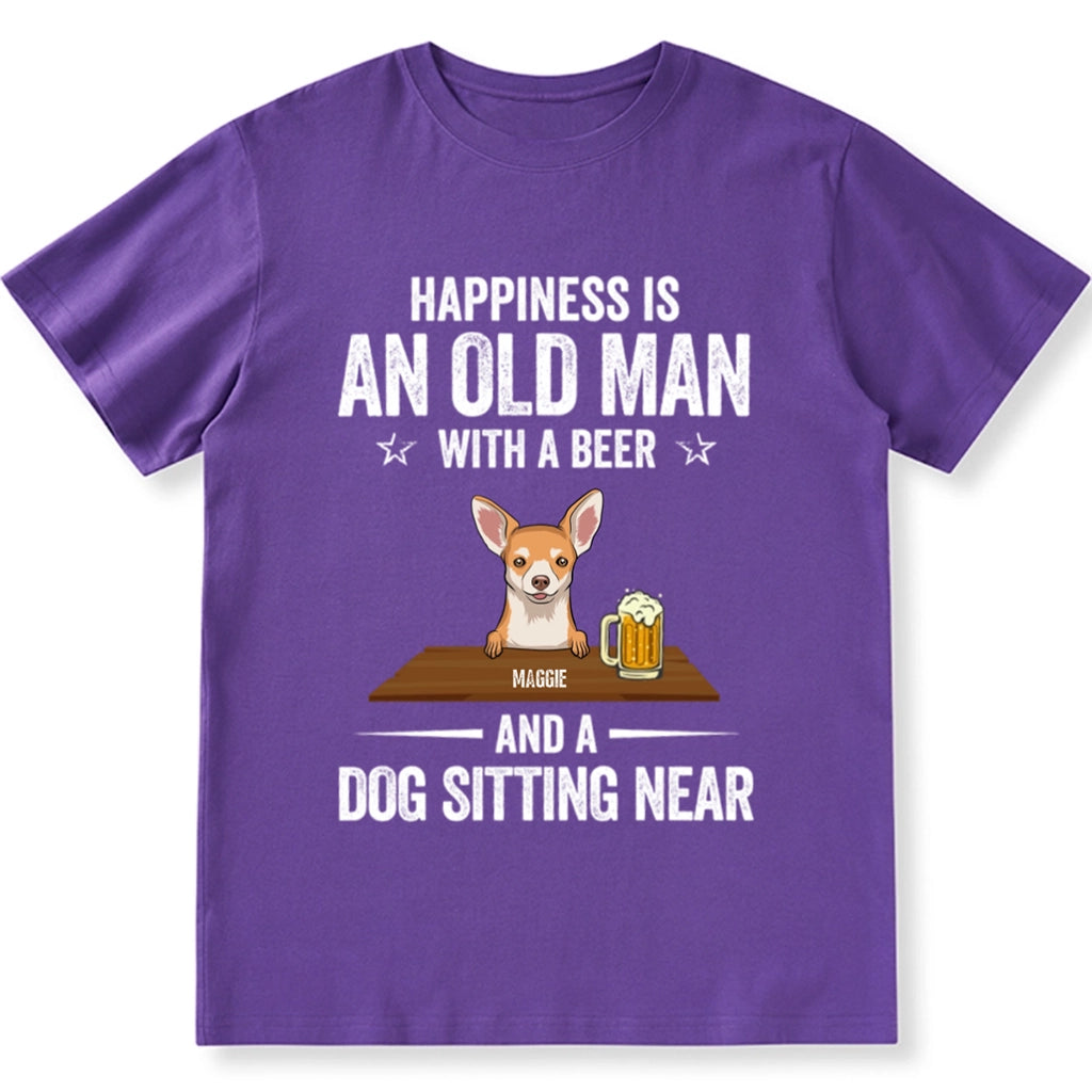 Happiness Is An Old Man With Beer And Dog - Personalized Custom Unisex T-shirt