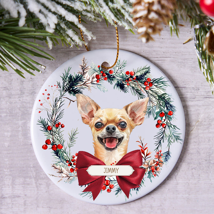 Dog and Christmas Wreath - Personalized Christmas Ornament